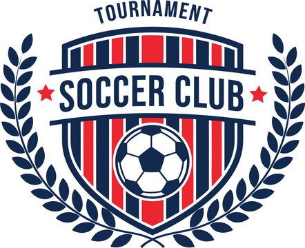 A dynamic logo for a soccer club, featuring a shield design with bold red and blue stripes, a soccer ball, and laurel wreath accents. This design is ideal for sports teams, tournaments.