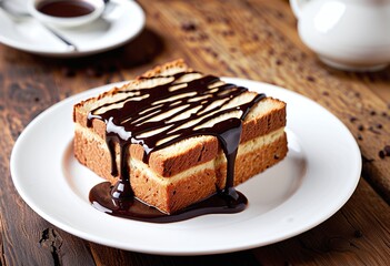 Portrait of a delicious bread slice drizzled with chocolate sauce on a white ceramic plate