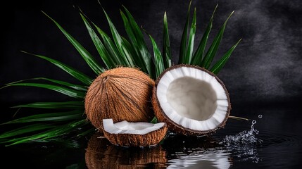 Tropical coconut halves, water splash, dark background, food photography