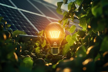 Light bulb surrounded by greenery and solar panels at sunset.