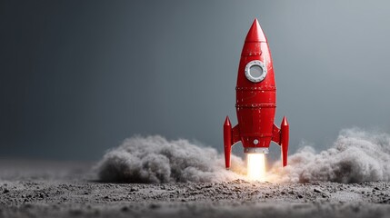 A vintage red rocket ship blasting off from a dusty surface against a dark background for business success.