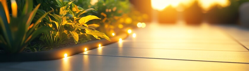 Lush plants and glowing lights beside a modern pathway at sunset.