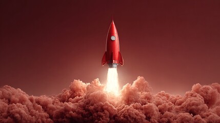 A vibrant red rocket ship blasting off with a cloud of smoke against a monochromatic red backdrop.