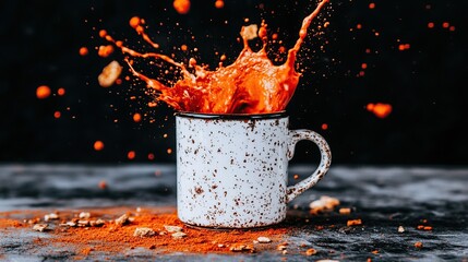 Orange drink splash in mug, dark background, food photography