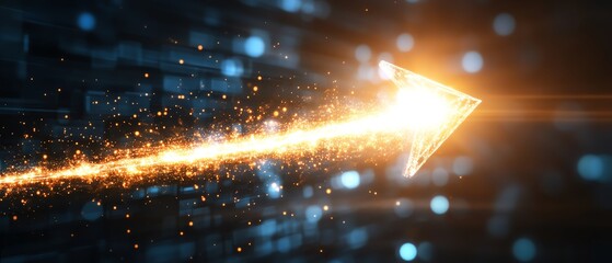 Dynamic glowing arrow with particles on a dark background.
