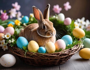 Easter bunny in a nest with eggs