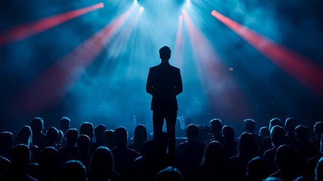 Motivational speaker addressing a crowd under dynamic stage lights inspirational event