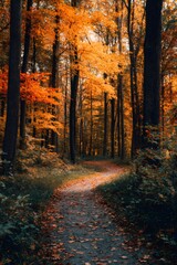 Obraz premium Forest path winding through fallen leaves, carpeting ground with autumn colors of orange, yellow, red