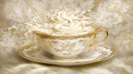 Cream splash in ornate teacup, floral background, dessert