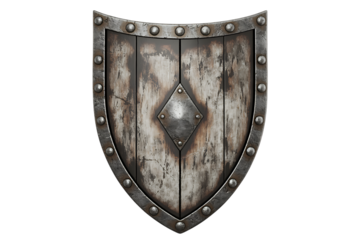 Medieval wooden shield with metal reinforcement