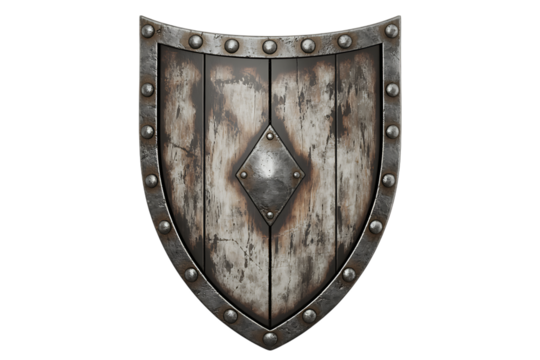 Medieval wooden shield with metal reinforcement