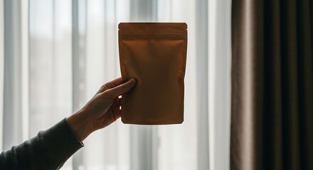 A person's hand holding a brown paper bag in front of a window with curtains.