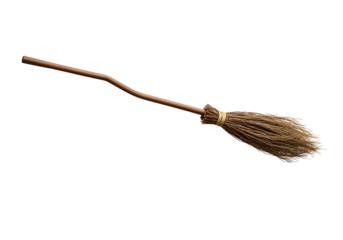 A witchs broom with a wooden handle and straw bristles bound with twine
