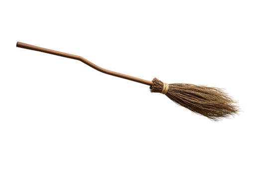 A witchs broom with a wooden handle and straw bristles bound with twine