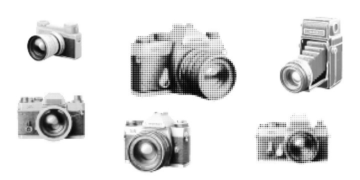 Camera, halftone vector illustration camera, in retro comic book style with bold dotted texture. Black and white image isolated on white background. Stylized photo equipment
