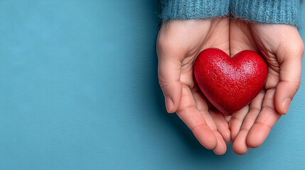 Fototapeta premium Embracing Care: A tender moment, hands gently cradle a vibrant red heart, symbolizing love, compassion, and well-being in a serene embrace.