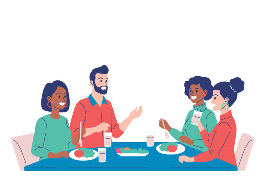 A diverse group of friends enjoys a meal together, talking and laughing at a dinner table in a celebration of friendship and community