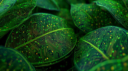 Abstract 3D green leaf with circuit board patterns
