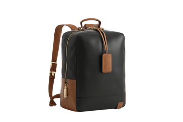 Stylish and functional black leather backpack with brown leather accents.
