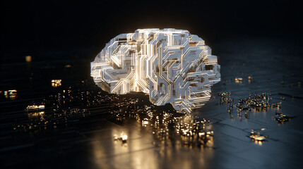 Abstract 3D render of AI brain made of circuits and light patterns with floating data around it