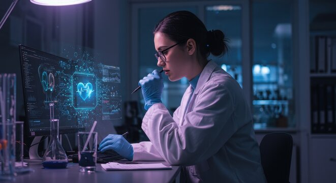 Female Scientist Analyzing Digital Heart Data on Computer Screen