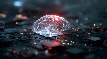 Abstract 3D render of AI brain made of circuits and light patterns with floating data around it