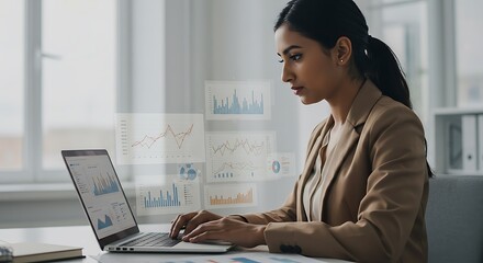 Focused Businesswoman Analyzing Data on Laptop, Strategic Planning and Financial Analysis. (AI Generated)