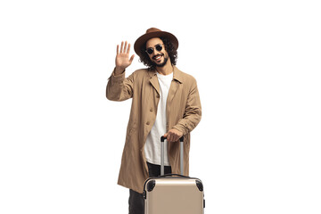 Stylish man waving goodbye at the airport with luggage.