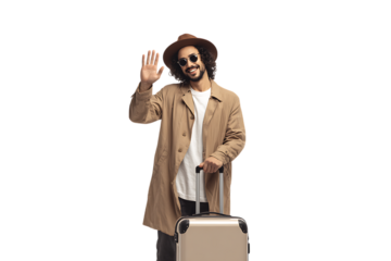 Stylish man waving goodbye at the airport with luggage.