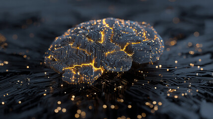Abstract 3D render of AI brain made of circuits and light patterns with floating data around it