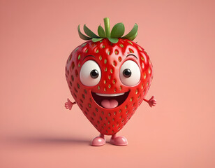 Obraz premium strawberry cartoon character, Cheerful cartoon strawberry character with a cute smile isloated on colorful background