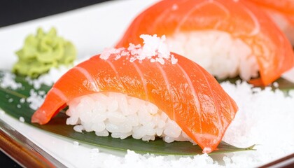 Fresh salmon sushi pieces on a plate