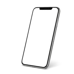 Modern smartphone with a blank white screen tilted on a clean white background