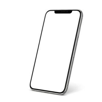 Modern smartphone with a blank white screen tilted on a clean white background
