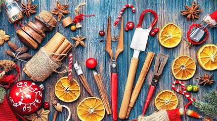 Festive kitchen tools, spices, and ornaments on wood