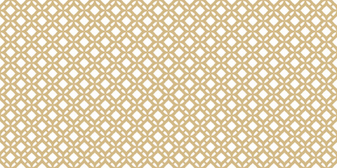 Gold geometric grid ornament. Abstract golden seamless pattern with lattice, mesh, net, diamonds, flower silhouettes. Luxury vector background texture. Repeating design for decor, print, wallpaper