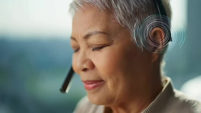 Close-up of a mature woman wearing headphones, likely in a customer service role, focused on a call.