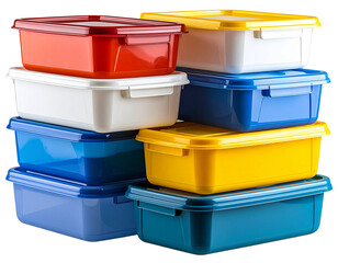 Stacked Colorful Storage Containers with Lids, Close-Up Studio Shot, Transparent Background PNG
