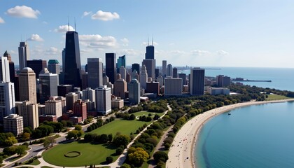 an expansive view of chicago's downtown skyline against a clear blue sky. the central feature is the chicago river, which cuts through the city and runs parallel to the coast of lake michigan