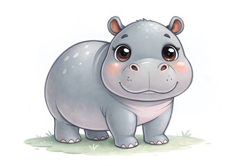 Fototapeta premium Cute cartoon baby hippopotamus with big eyes and rosy cheeks standing on grass