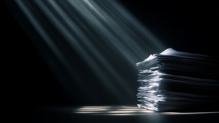 Stacked paperwork illuminated by sunlight reflecting on a dark surface in a quiet room