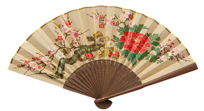 An opened decorative hand fan features floral motifs on a beige paper ground with a wood frame