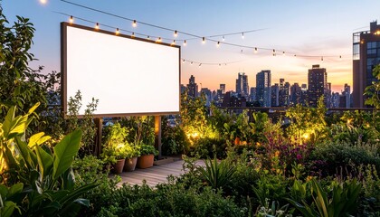 Obraz premium Rooftop Garden with Blank Billboard Mockup Evening Cityscape Setting