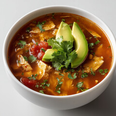 Mexican tortilla soup with chicken, tomatoes and avocado slices in white bowl
