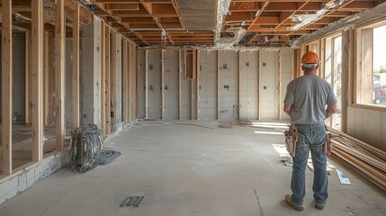 Construction Worker Observing Framed Interior of a Building Project