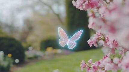 Digital butterfly flying spring garden blossom ad