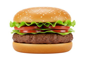 Burger w lettuce tomato  sesame bun Features patty greens sliced tomato layers Set on black