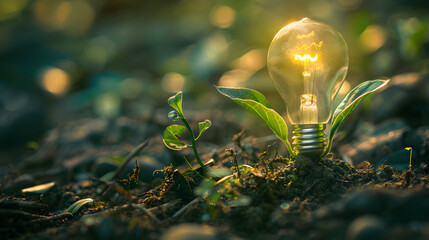 Lightbulb sprouting from the ground like a plant symbol, Creative business concept