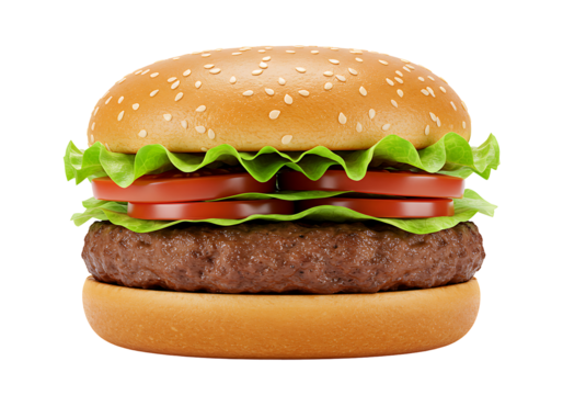 Burger w lettuce tomato  sesame bun Features patty greens sliced tomato layers Set on black