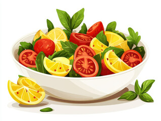 Vibrant salad in white bowl features fresh tomatoes, lemon slices, and green leafy vegetables, creating refreshing and healthy dish. colorful ingredients are visually appealing